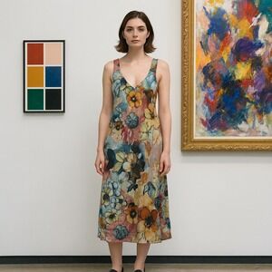 Chico's 1.5 100% Silk Floral Slip Dress Y2K Watercolor Midi  Artistic  Dress